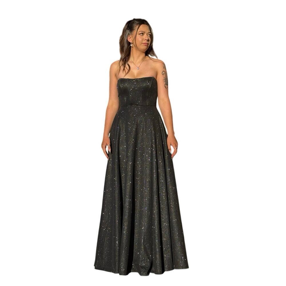Windsor Strapless Black Formal Dress, Lace-Up Back, Subtle Sparkle, Size Small